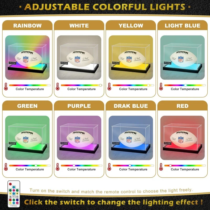 Acrylic DustProof Football Display Case with Color Changing LED Light,  Clear Full Size Memorabilia Box for Autographed Ball