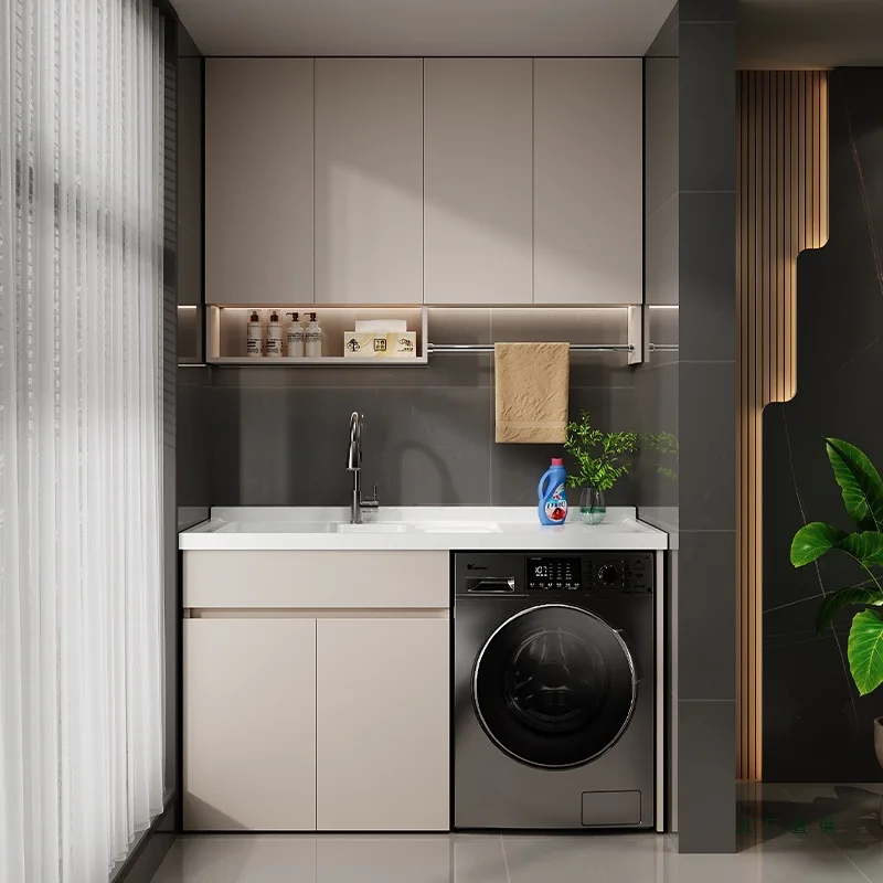 Nordic Cream Style Washing Machine Cabinet Modern Laundry Tray Washboard Washing Machine Cabinet Balcony Bathroom Furniture FYLC