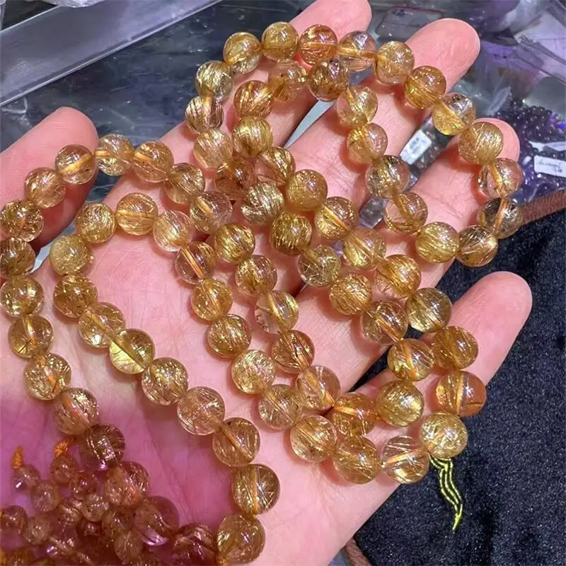 7.5MM Natural Gold Rutilated Quartz Buddha Bead Necklace Crystal Reiki Healing High Quality Gemstone Fashion Jewelry Gift 1pcs