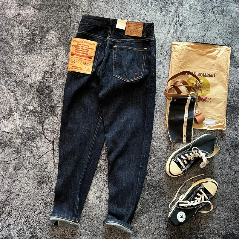 Indigo Heavyweight One Wash Raw Deep Blue Denim Jeans Men Autumn Spring Vintage Selvedge Hard Loose Straight Pants 100% Cotton