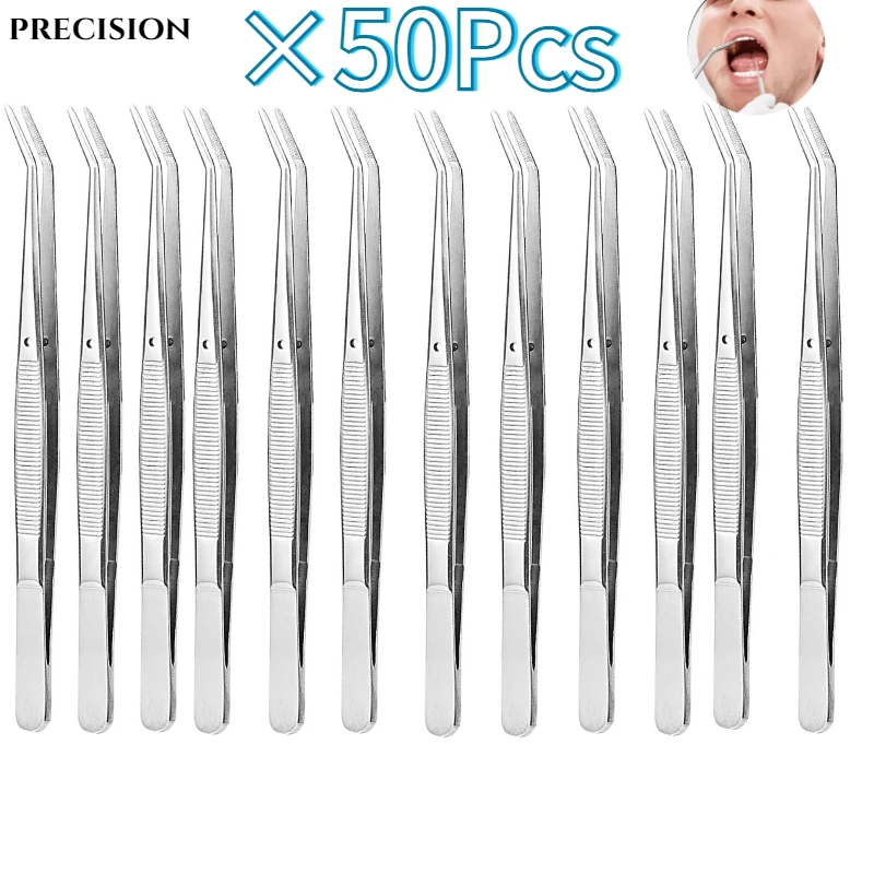 

50PCS Dental Cotton Dressing Serrated Curved Tweezers Dental Laboratory Sterilizable Stainless Steel Tweezers Dental Tool