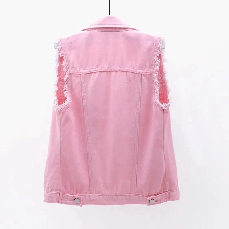 Multi colored Denim Vest Jacket Summer 2026 New Frayed edges Sleeveless Slim Ripped Top Women's Short Casual Cowboy Waistcoat