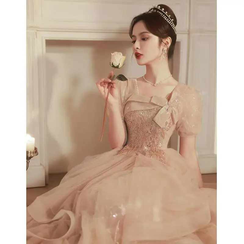 Champagne Evening 2024 New Women\'s Banquet Temperament Adult Ceremony Light Luxury High-End Host Vocal Music Art Test Dress