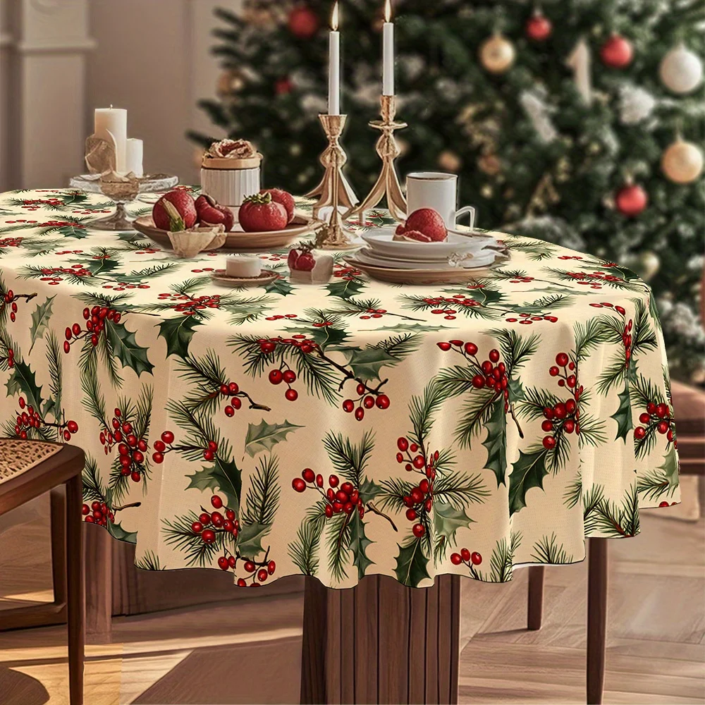 Pack of 1, Christmas, winter ice and snow tablecloth, white decoration, holly and berry pattern, traditional, retro style