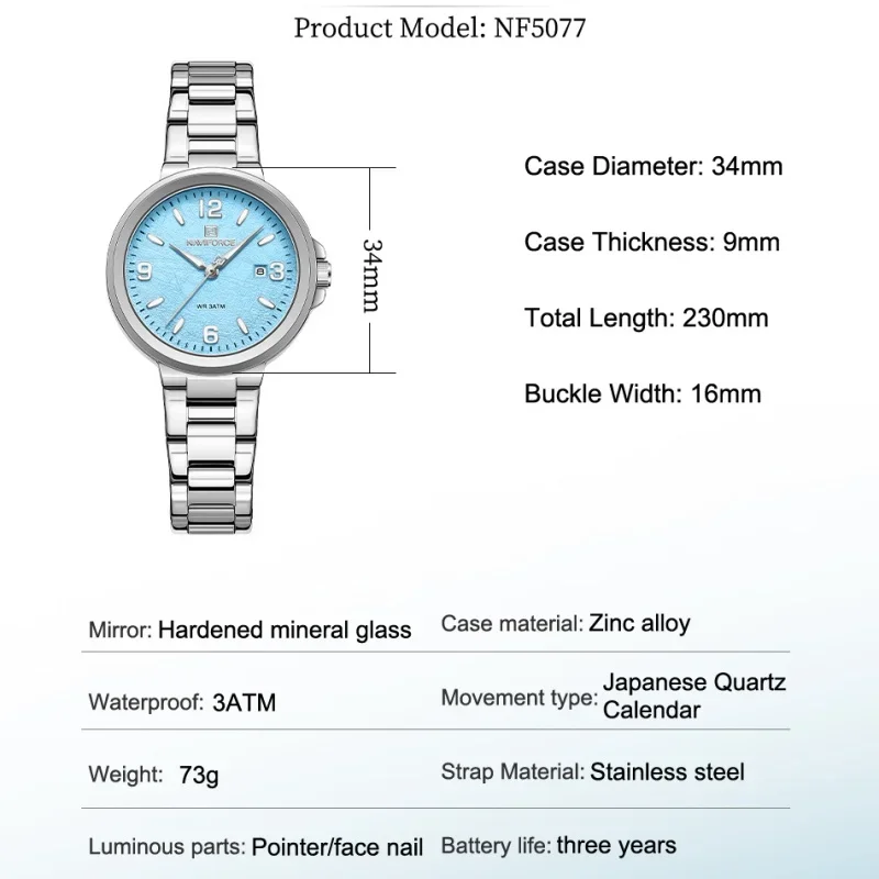 NAVIFORCE Calendar 3ATM Waterproof Classic Women Quartz Watches Luminous Stainless Steel Leisure Fashion Ladies Daily Wristwatch
