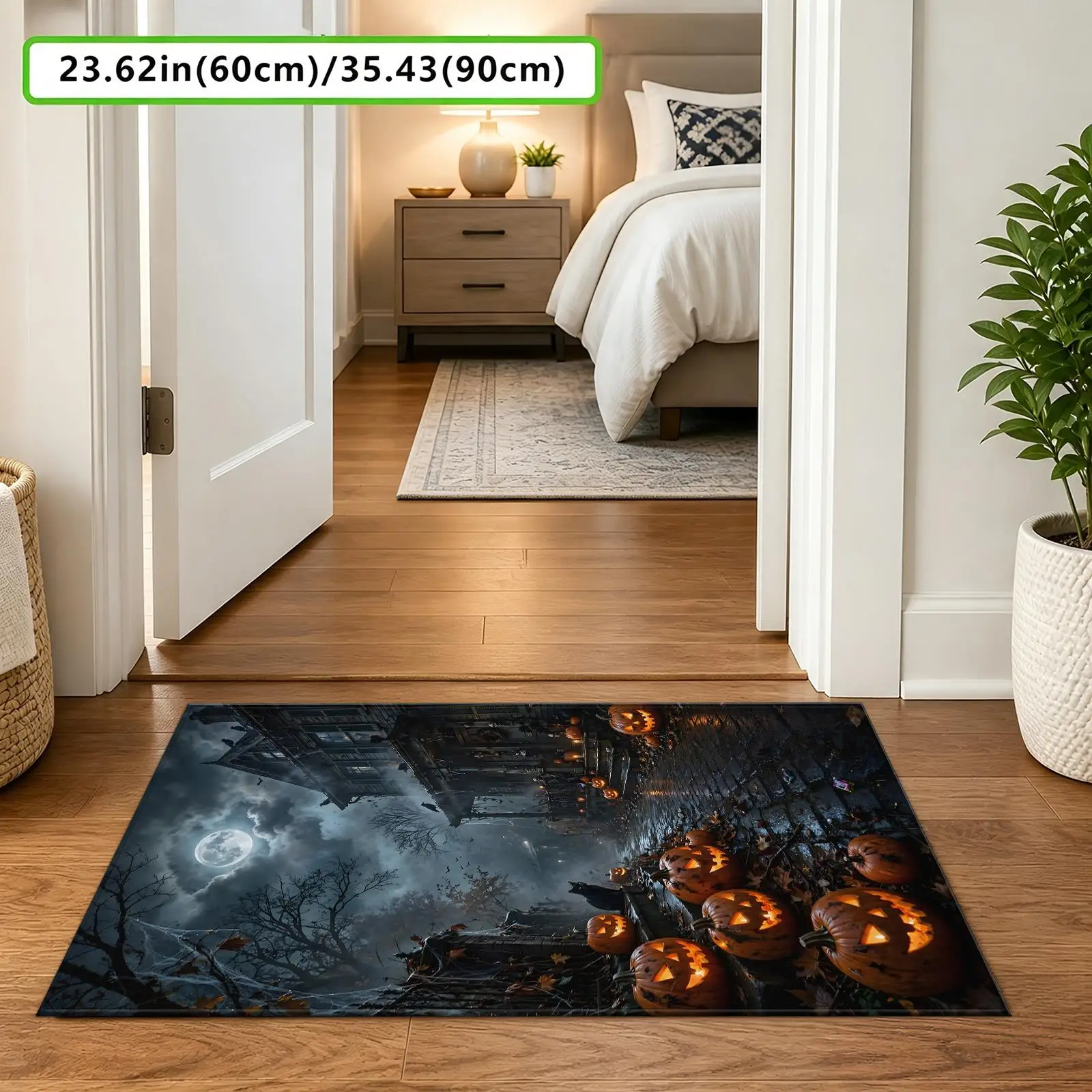 1pc Spooky Haunted House Pumpkin Area Rug, 2D Flat Print, Indoor Floor Mat for Living Room, Halloween Home Decor