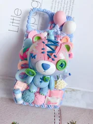 Cute Bear Handmade Case for iPhone 16 pro max DIY Phone Cover iP 16pro pink blue Kawaii candy food Customized 15plus Cream Shell
