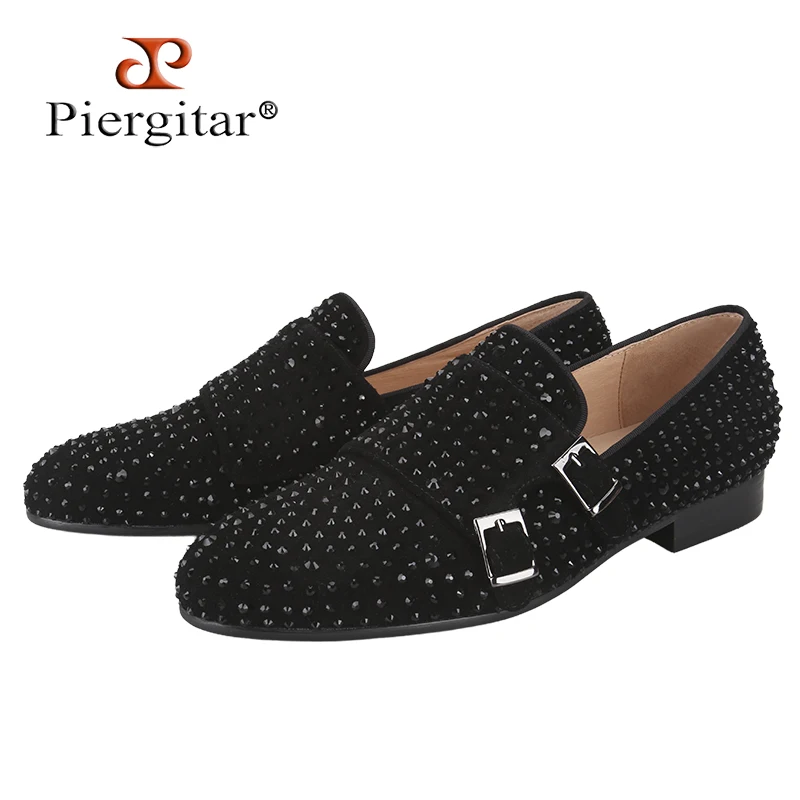 Piergitar New Black Suede Men Double Monk Shoes With Handmade Rhinestones Party And Prom Style Slip-On Loafers For Formal Wear