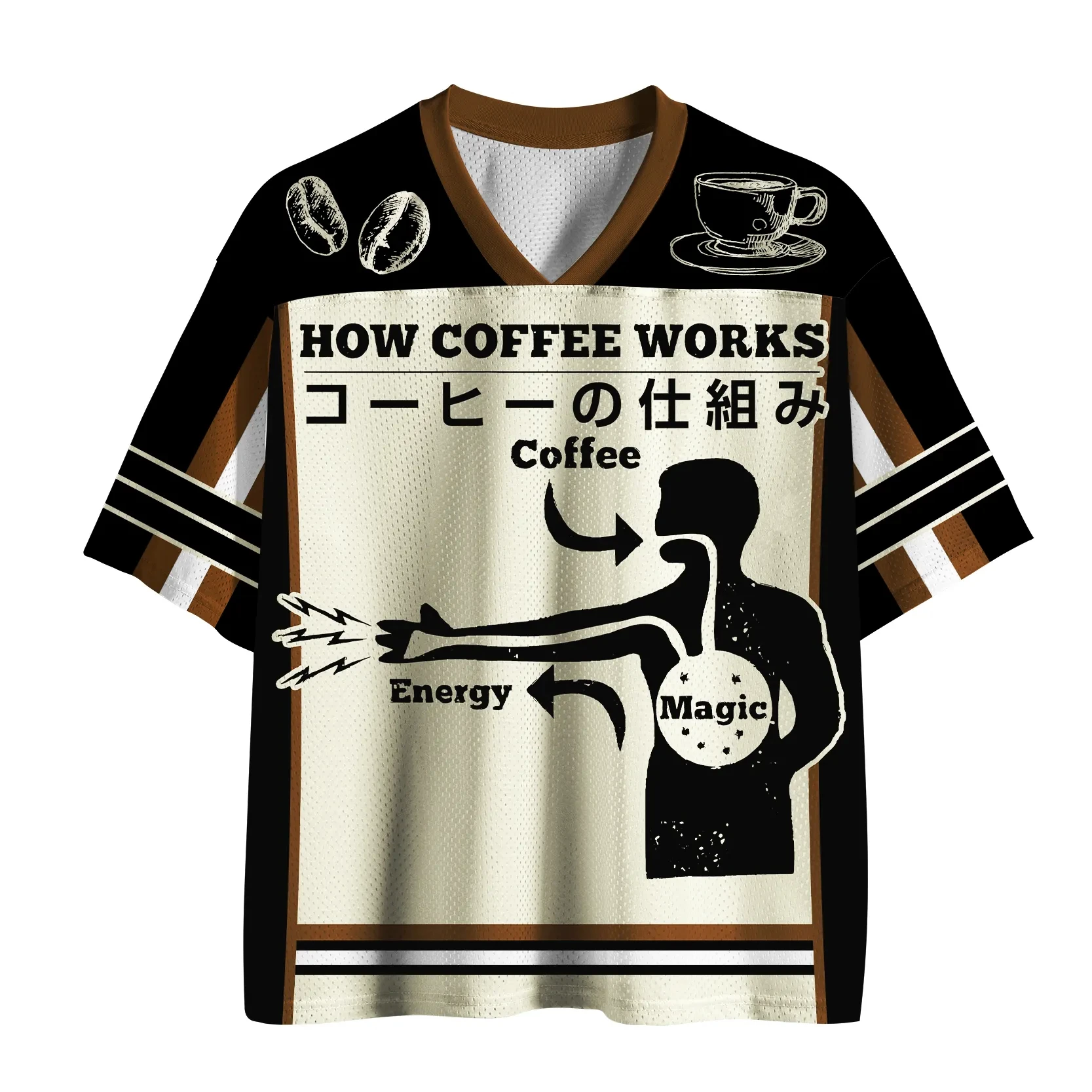 2026 Funny Coffee Print Short Sleeve Shirt Unisex Oversized V Neck Mesh Top Retro Street Fashion Blouse