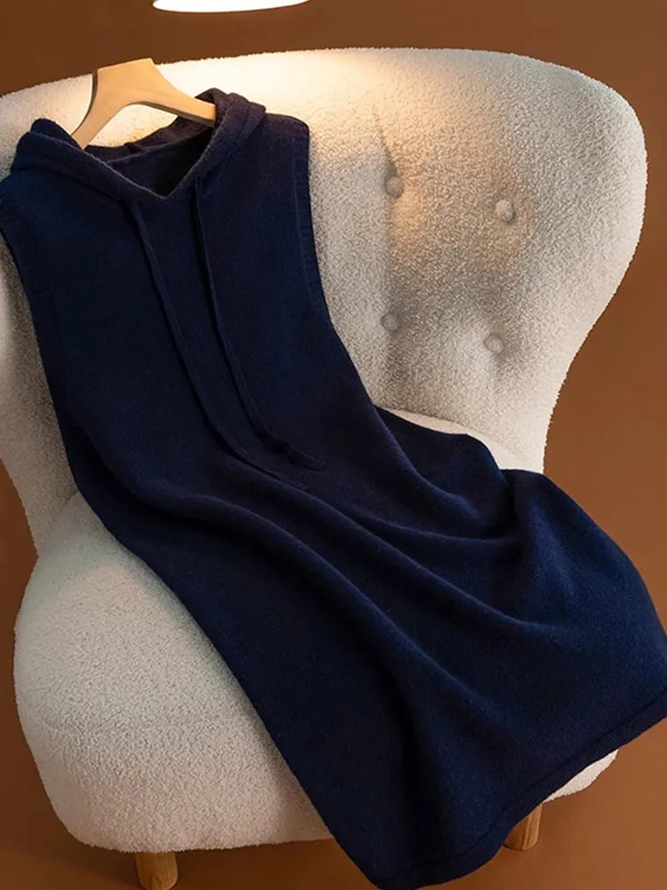 Comfortabele pure kleur Dstring hooded Svel Midi gebreide wollen trui voor dames Faionable gelaagdheid vestrok