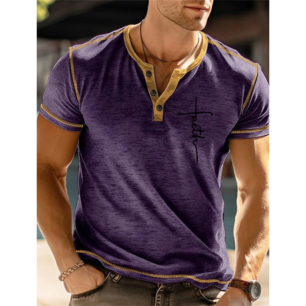 Summer Faith Letter 3D Print Henley Shirts Men's Fashion Streetwear Oversized Button Short Sleeve T Shirt Tees Tops Man Clothing