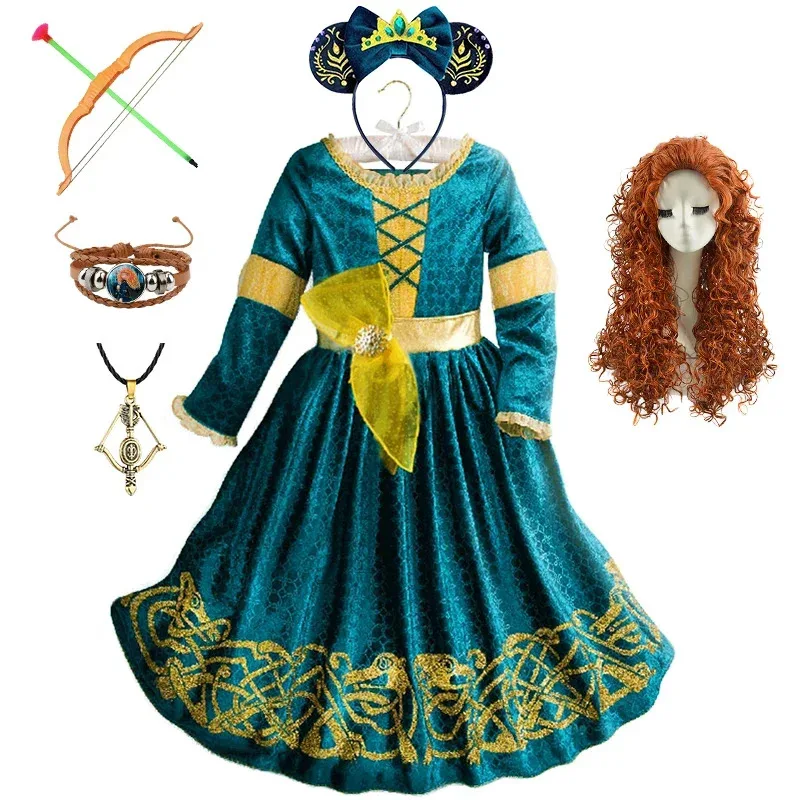 72th Anime Cosplay Cartoon Movie Girls Merida Dress Halloween Brave Princess Costume Children Green Velvet Long Sleeve