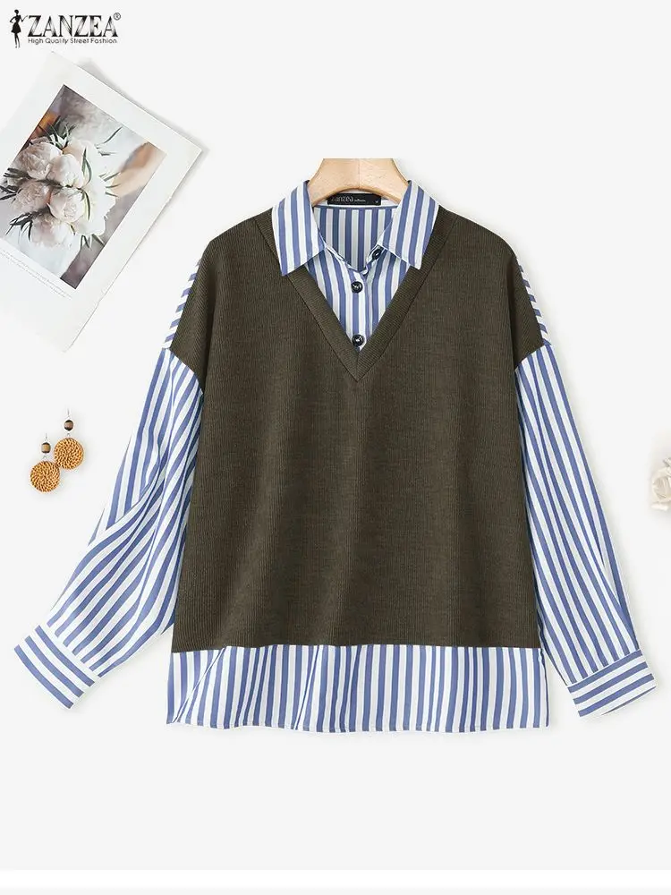 

ZANZEA 2022, модные женские рубашки, полосатая лоскутная блузка с лацканами, элегантные офисные женские топы, повседневная туника с длинными рукавами, Blusa оверсайз