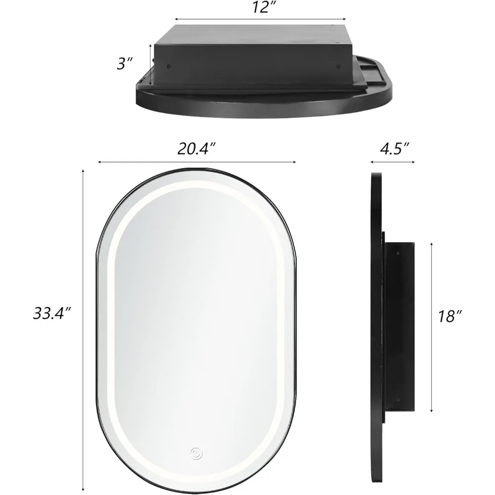 خزانة طبية بيضاوية مضيئة بإضاءة LED مقاس 34 × 20 مع مرآة مشطوفة للحمام