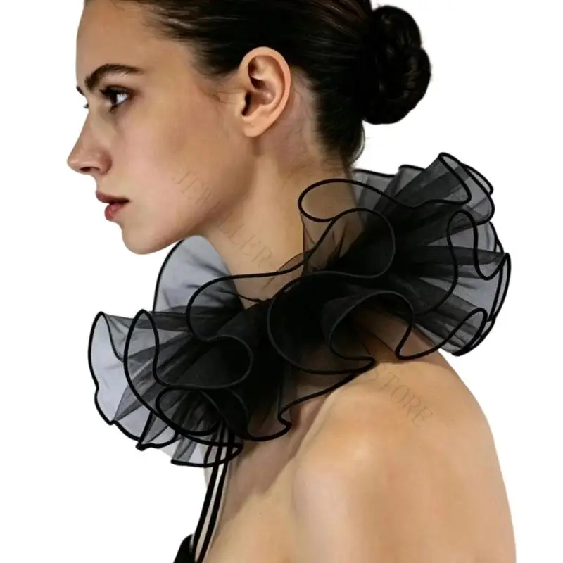 R7UF Cosplay Costume Neck Accessory for Adults and Kids, Sheer Organza Ruffle Collar with Dramatic Neck for Themed Styling