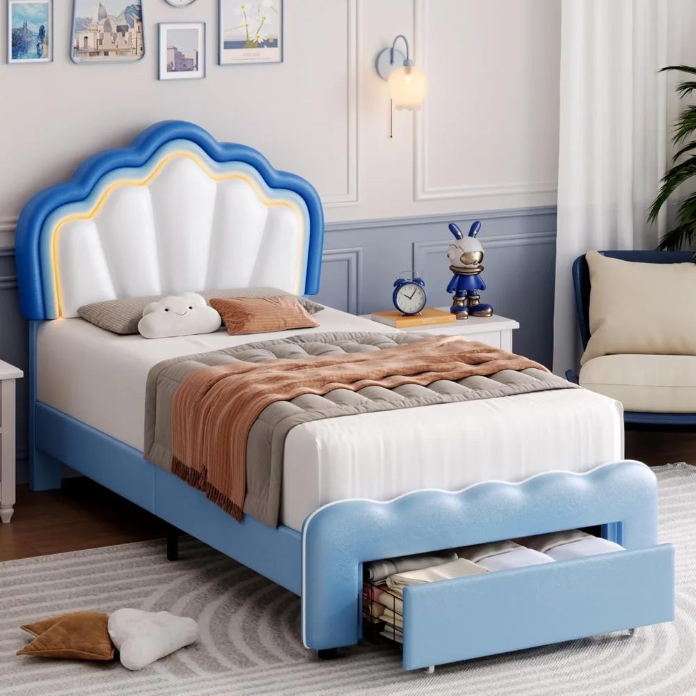 HOSTACK Twin Upholstered LED Bed Frame with Storage Drawers, Cute Boys Bed with Adjustable Lotus Headboard, Faux Leather