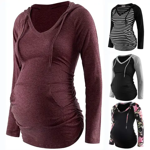 Women Maternity Hoodies Striped Print Long Sleeve V-neck Hoodie Sweatshirts Top Mom Pregnant Nursing Autumn And Winter Clothes