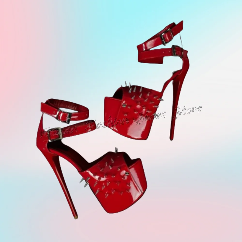 Red  Platform Rivet Decor Ankle Strap Sandals Patent leather Peep Toe High Heel Shoes for Women Heels 2024 New Zapatos Para Muje