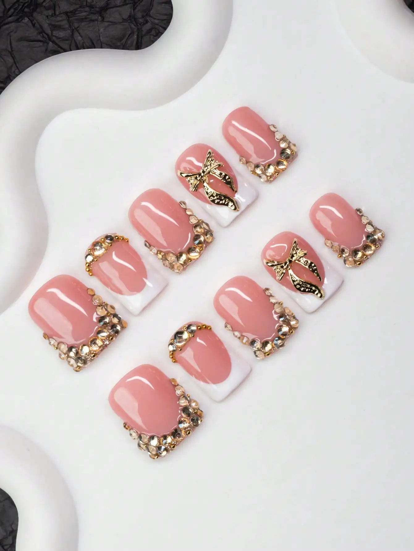 

10pcs/Set Handmade Square Nail Tips With French Tips, Bow & Rhinestone Decor, Y2K Baddie Style, Nude & White Color, Suitable For
