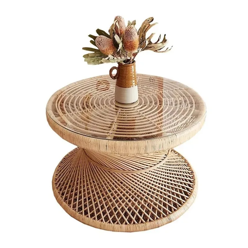 

High Quality Best Selling Pure Hand Woven Natural Rattan Wicker Side Table Round Coffee Table