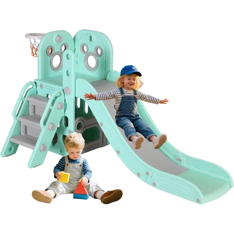 

Детская горка 6 в 1, игровая площадка в помещении и на открытом воздухе с баскетбольным кольцом для хранения мячей, нескользящие ступеньки, зеленые