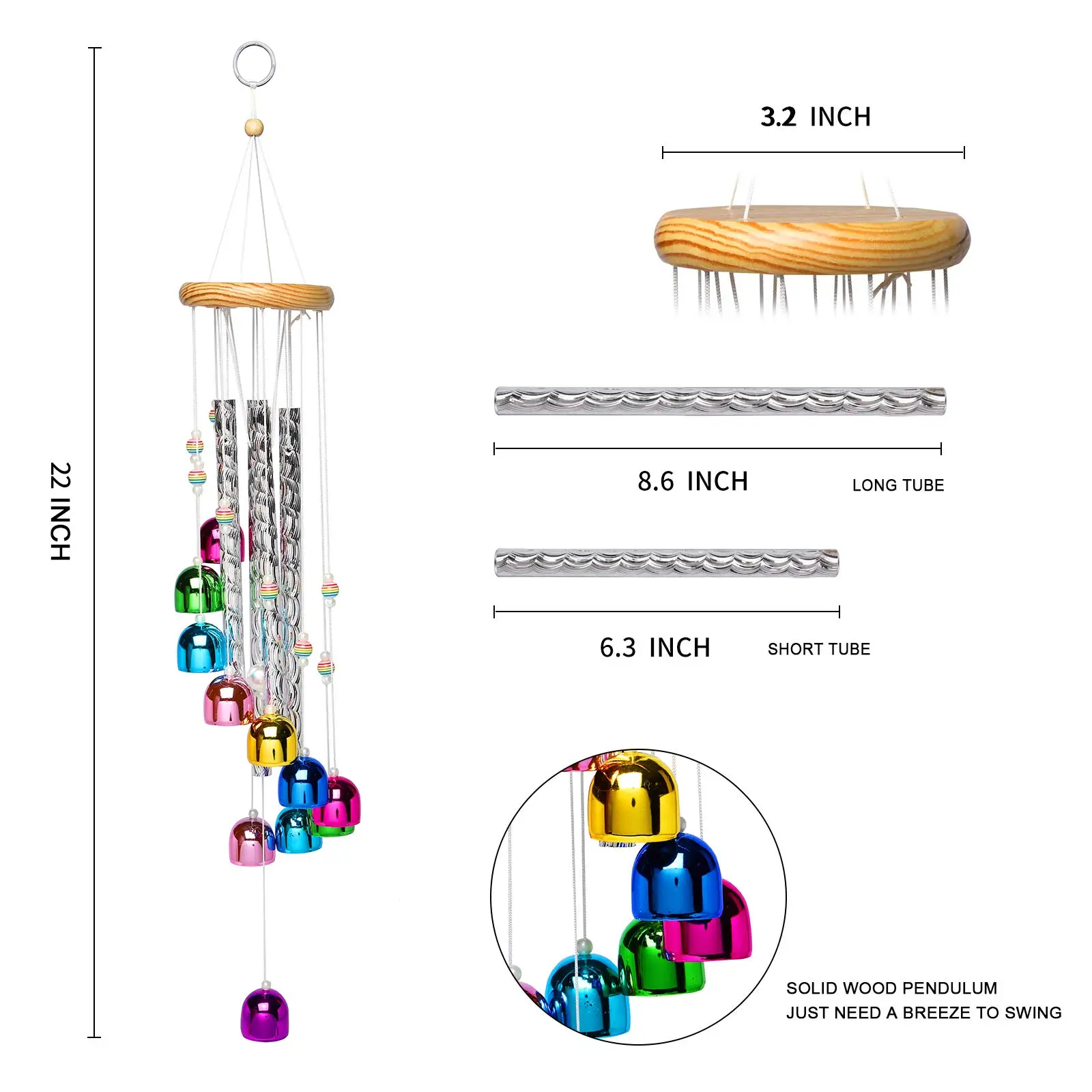 Colorful Wind Chimes Outdoor - 4 Aluminum Tubes & 11 Bells for Garden, Patio, Yard Decor - Soothing Musical Home Decor
