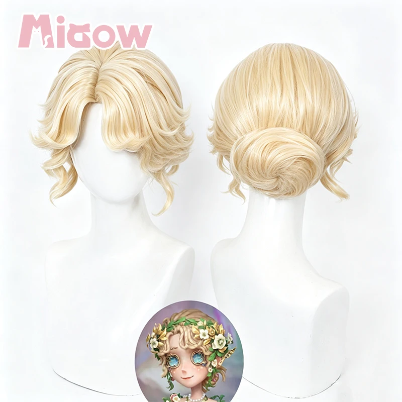 Identity V Gardener Emma Woods Everlasting Summer Cosplay Wig, Pale Gold Short Wavy Pre-Styled Wig Heat Resistant Synthetic Hair