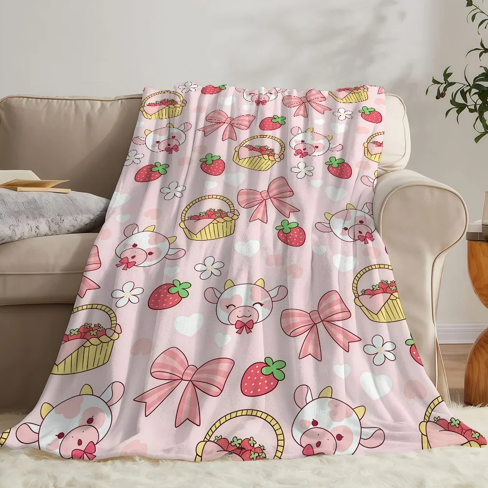 Pink Strawberry Milk Cow Country Blanket Soft Warm And Thick Perfect For Bedroom Living Room Bed Sofa Camping Picnic Office