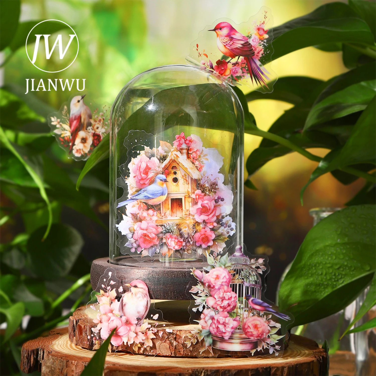 JIANWU 30 Sheets Birds Talk Flower House Series Vintage Birdcage Collage Material PET Sticker Creative DIY Journal Stationery