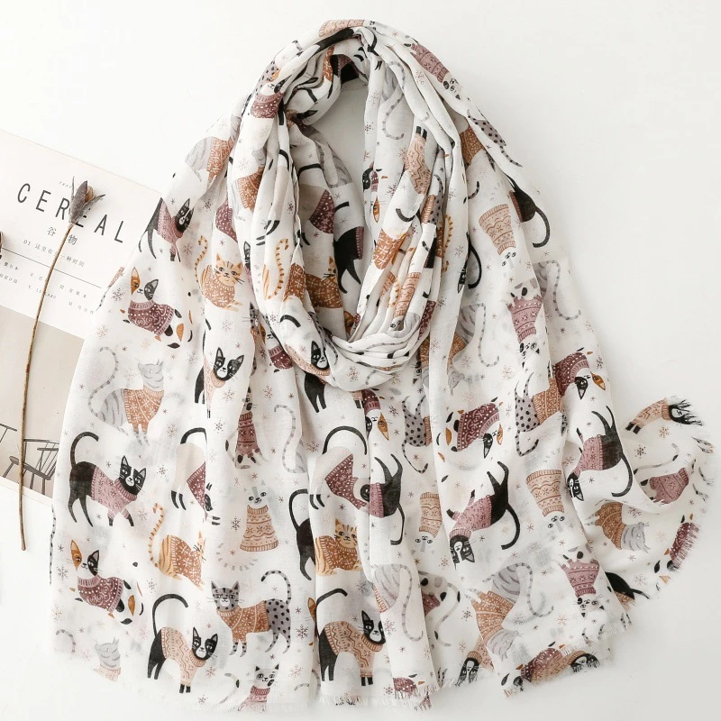 

Новый хлопково-льняной шелковый шарф 2026 года для женщин с милым кошачьим принтом, шаль, головной убор, свежий мусульманский хиджаб, теплый головной платок для путешествий