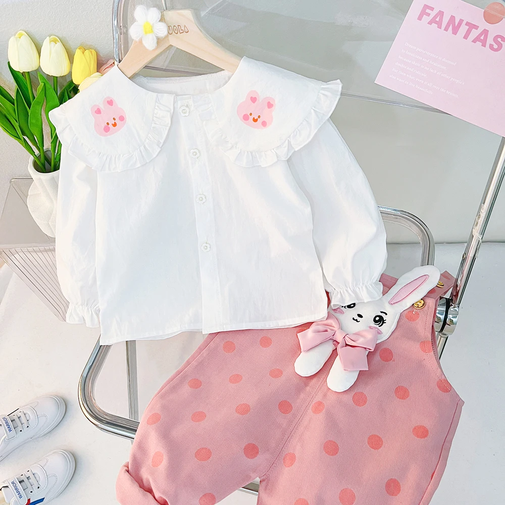 2023 Spring Kids Clothing Sets Baby Girls Lace Shirt Cartoon Rabbit Overalls Children Costume 2 Pcs Suits Infant Clothes Outfits