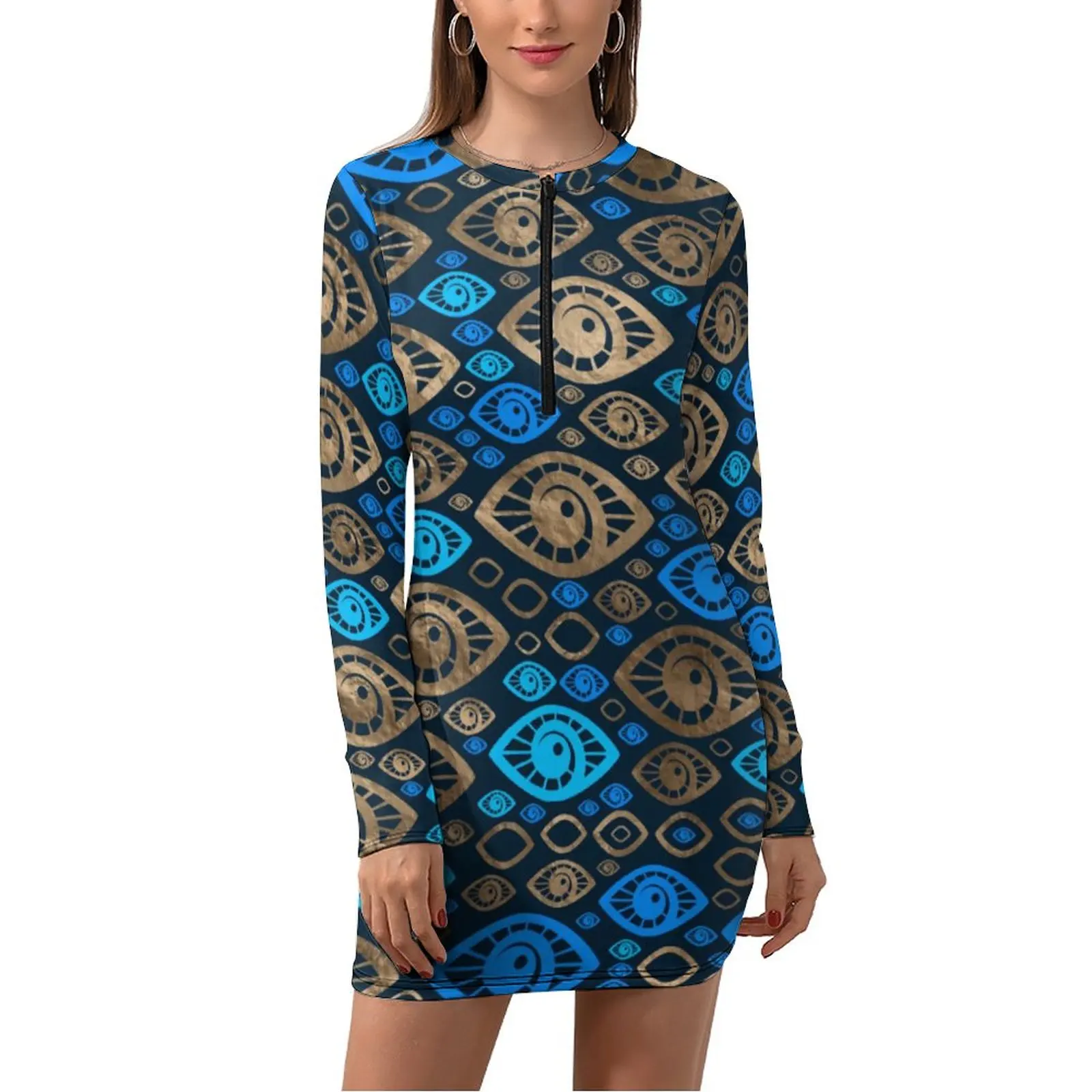 Greek Evil Eye Dress Long Sleeve Blues and Gold Print Basic Dresses Spring Elegant Bodycon Dress Female Trendy Oversized Clothes