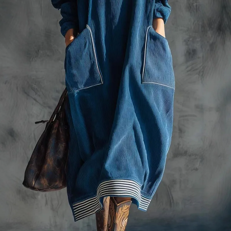 Women's Vintage Blue Ribbed Knit Dress Bohemian Turtleneck Oversized Casual Long Dress with Pockets view 2