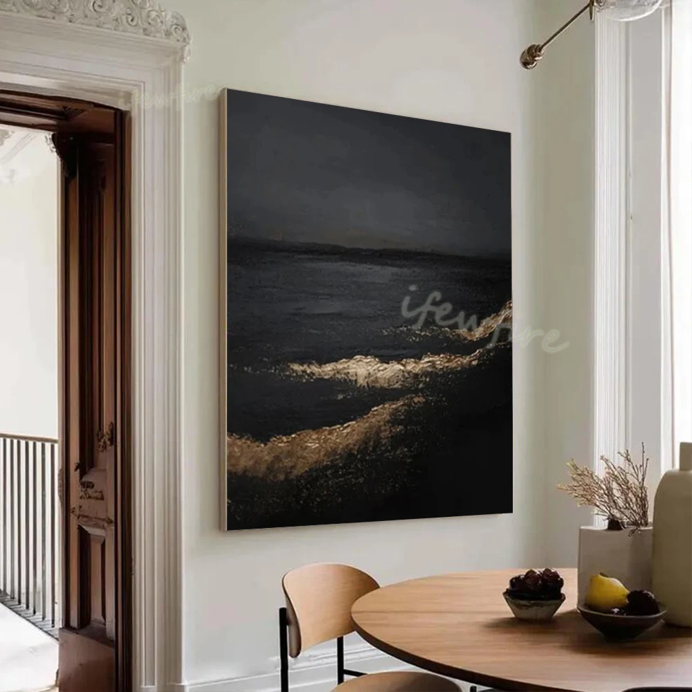 Modern Abstract Oil Painting on Canvas Top Handmade Unique Black Sea Wall Mural Sea View Art Picture for Living Room Decor Image