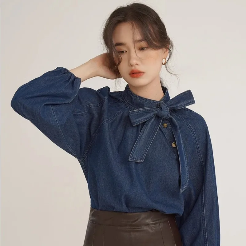 Standing Neck Bubble Long Sleeved Women\'S Autumn And Winter Versatile Vintage Style Loose Neckline Lace Up Denim Shirt Bow Long