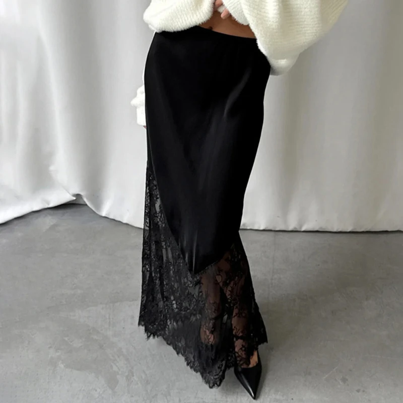 Ticketsx Lace Patchwork Skirt Women's See Through Casual High Waist Ankle Length Skirts Female Fashion Elegant Classic Skirts