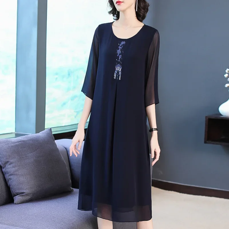 Simulated silk double crepe dress, oversized loose fitting women's dress