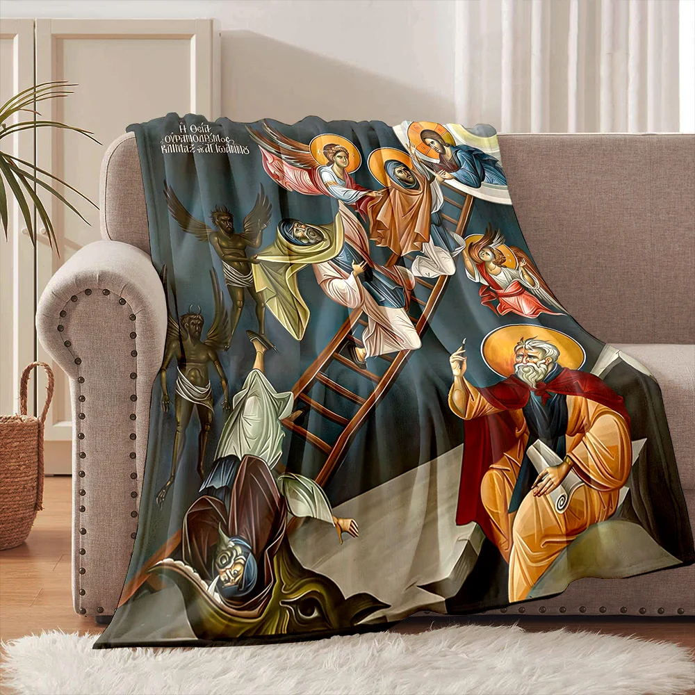 1PC Ladder and heavenly figures Faith-printed Flannel Blanket Soft and Warm Suitable for Home Travel Picnics Camping and RV