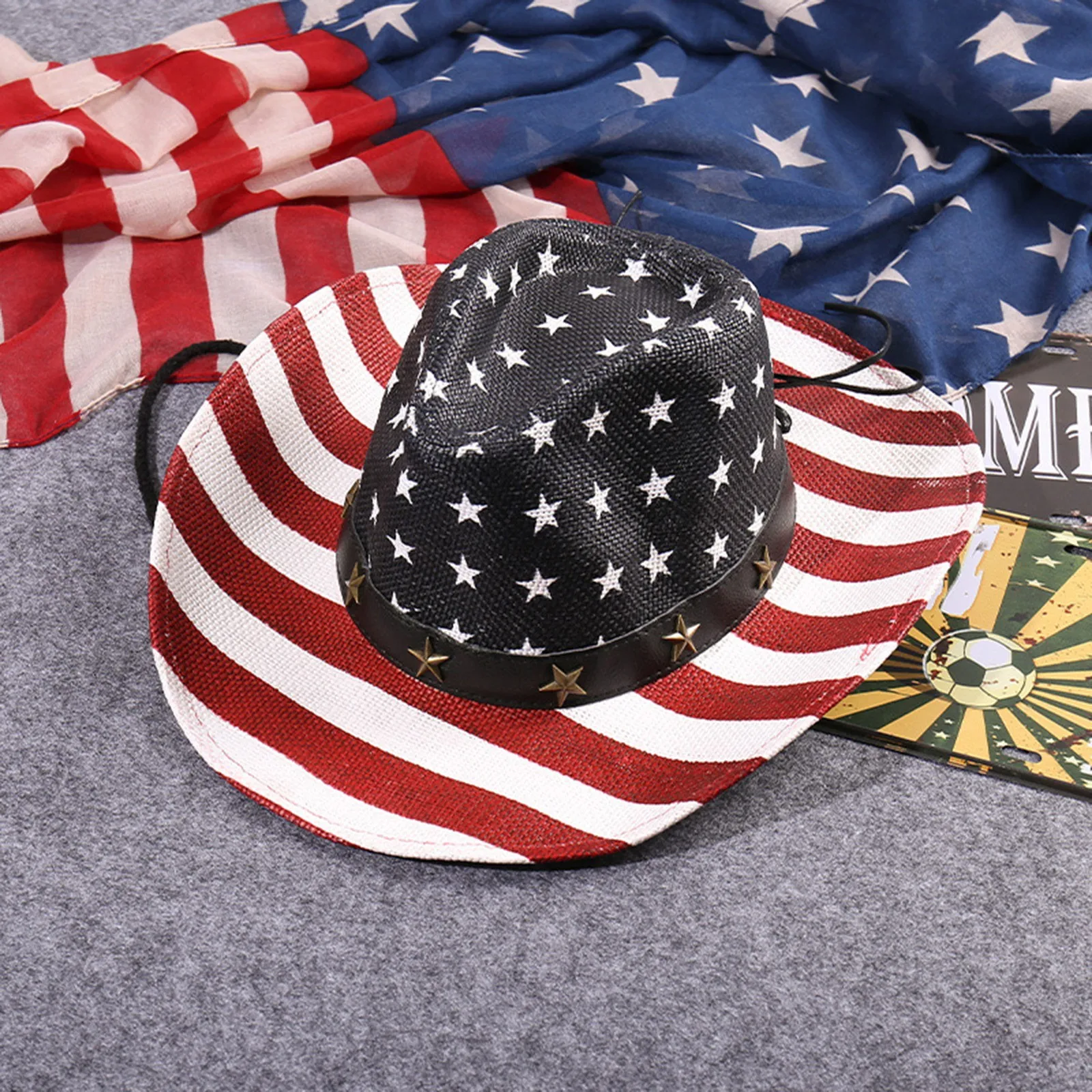 

American Flag Vintage Western Cowboy Hat, Top Hat, Outdoor Summer Sun Cap, Fashion Packable Patriotic Hats, Wide Brim Beach Hat