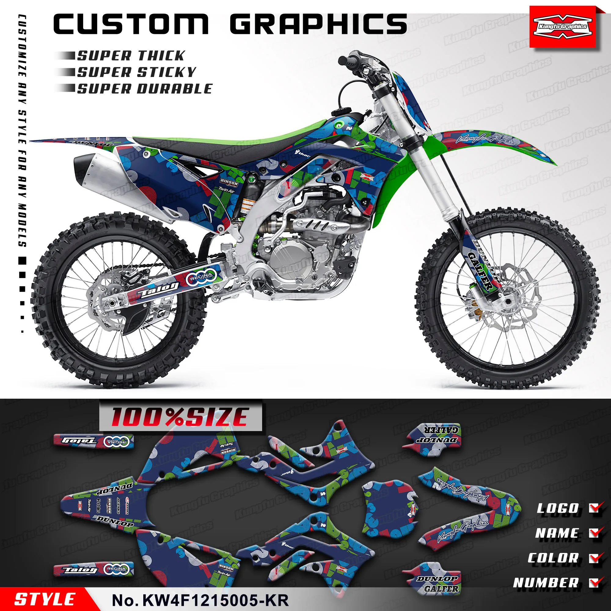 

KUNGFU GRAPHICS Adhesive Decals Vinyl Sticker for Kawasaki KX450F KXF450 2012 2013 2014 2015, KW4F1215005-KR