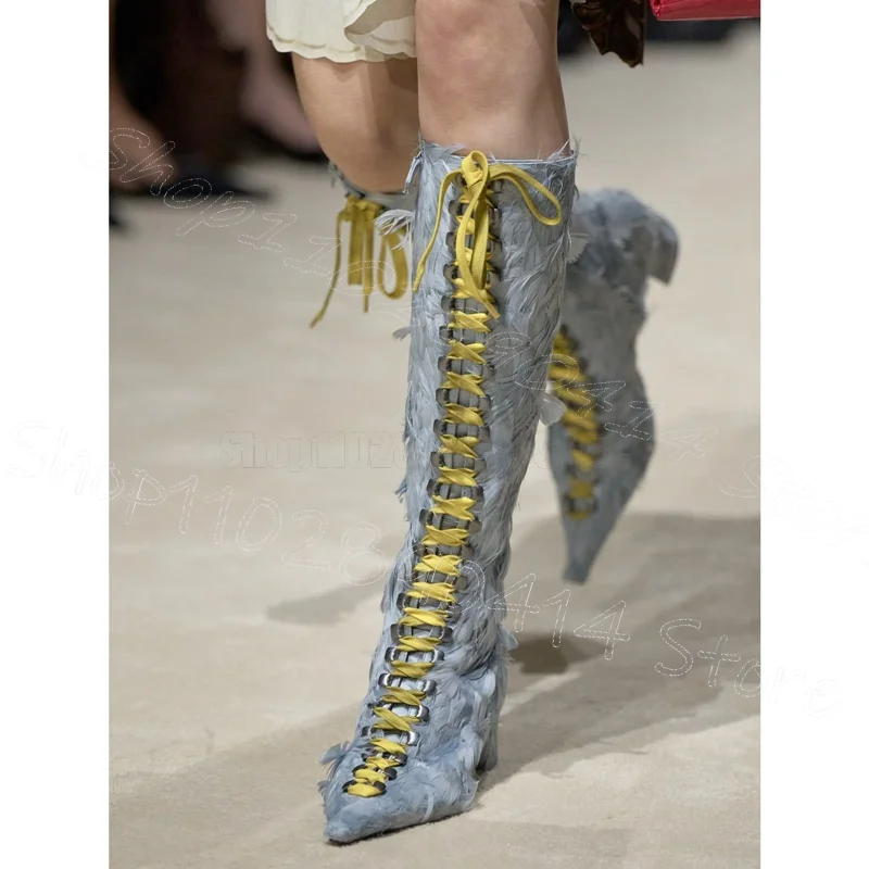 

Sky Blue Feather Strappy Pointed Toe Runway Boots Cross Tied Women Shoes Chunky High Heel Party Dating 2026 Zapatos Para Mujerer