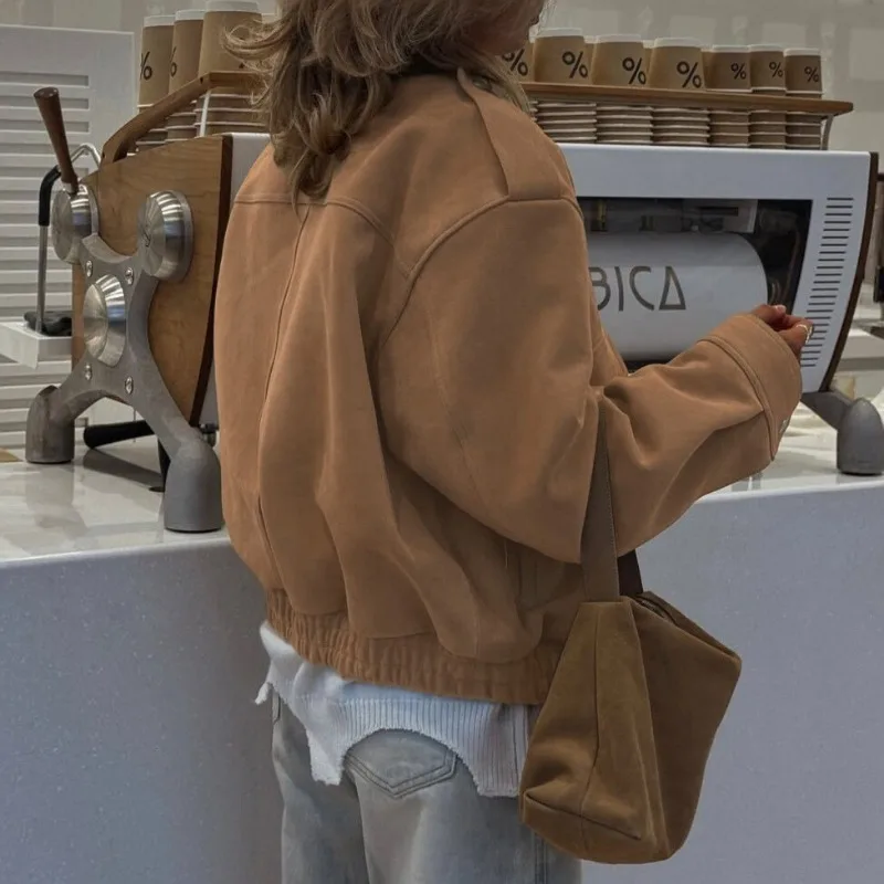 Podzimní móda 2025 Ležérní semišové bundy pro ženy, pouliční stojáček, plný rukáv, zipy, volné kabáty, dámská bunda - náhled 3