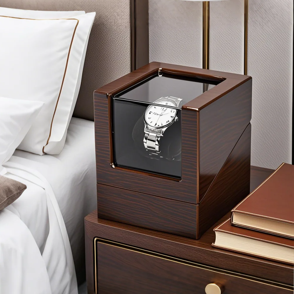 Luxry Single Watch Winder Battery Wooden Shaker Watch Box Automatic Winder Glass Storage Case Mabuchi Motro
