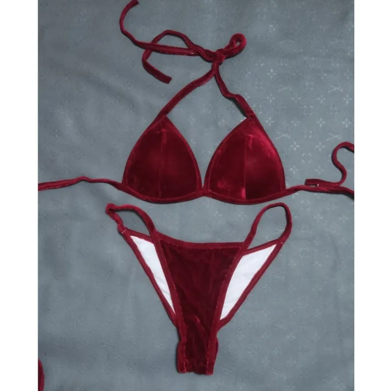 Women's Triangular Cup Design High-Quality Korean Velvet Competition Bikini With Padding For Fitness And Bodybuilding