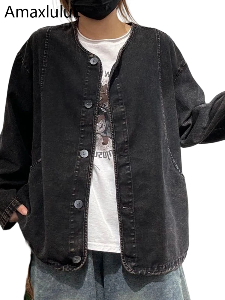 Amax LuluE 2026 Korean Fashion Soild Denim Jackets Womens Classic Punk O Neck Coats Ladies Spring Casual Vintage Loose Outerwear