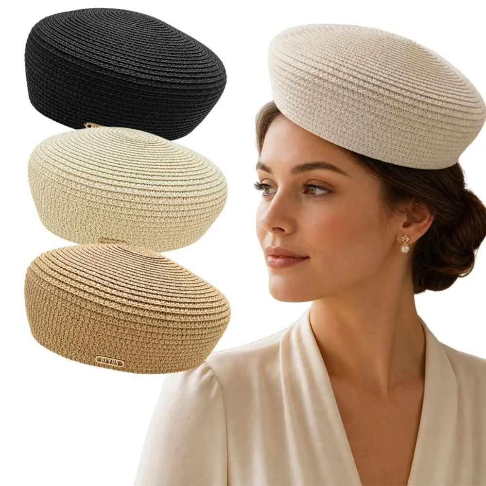 New Solid Women's Straw Pillbox Hat Structured Crown Round Shape Brimless Cap Vintage Style Round Dress Hat Formal Occasions