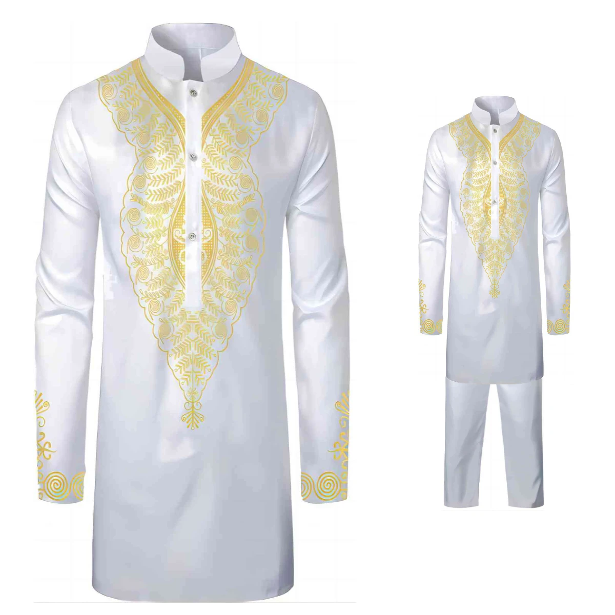 White 2-piece men's clothing set, embroidered printed stand-collar long-sleeved button-up robe and drawstring trousers, suitable