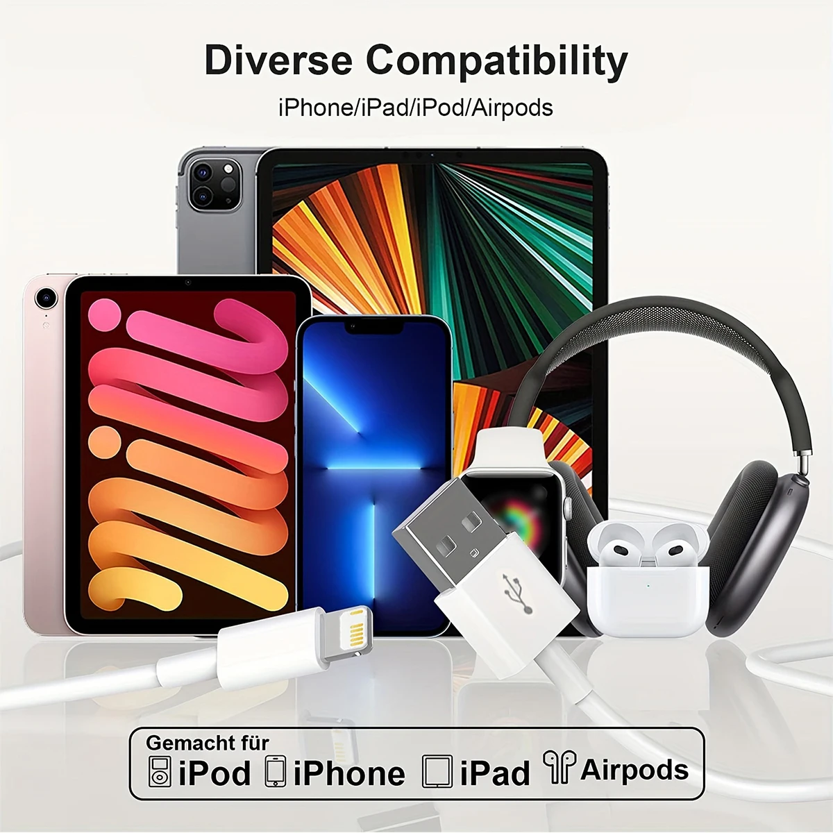 1/3/5 PCS USB Cable for iPhone 14 13 12 11 Pro Max Plus XR Xs Max USB to Lightning 6.6FT Fast Cable Charger Wire Accessories