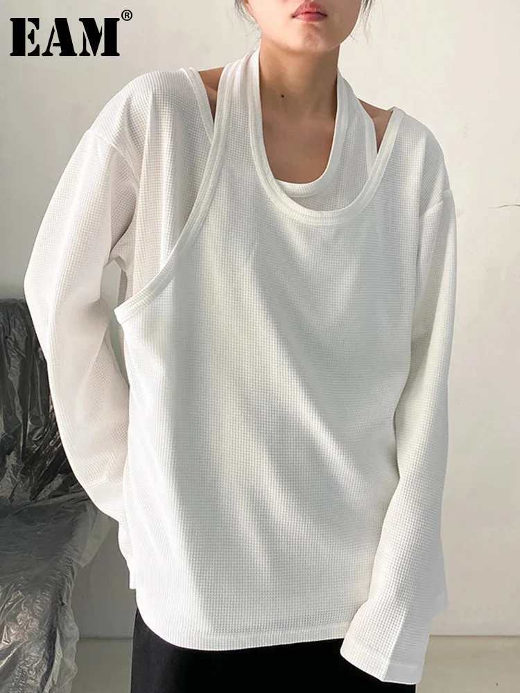 

[EAM] Women White Irregular False Two Big Size Casual T-shirt New Round Neck Long Sleeve Fashion Tide Spring Autumn 2024 1DF8508