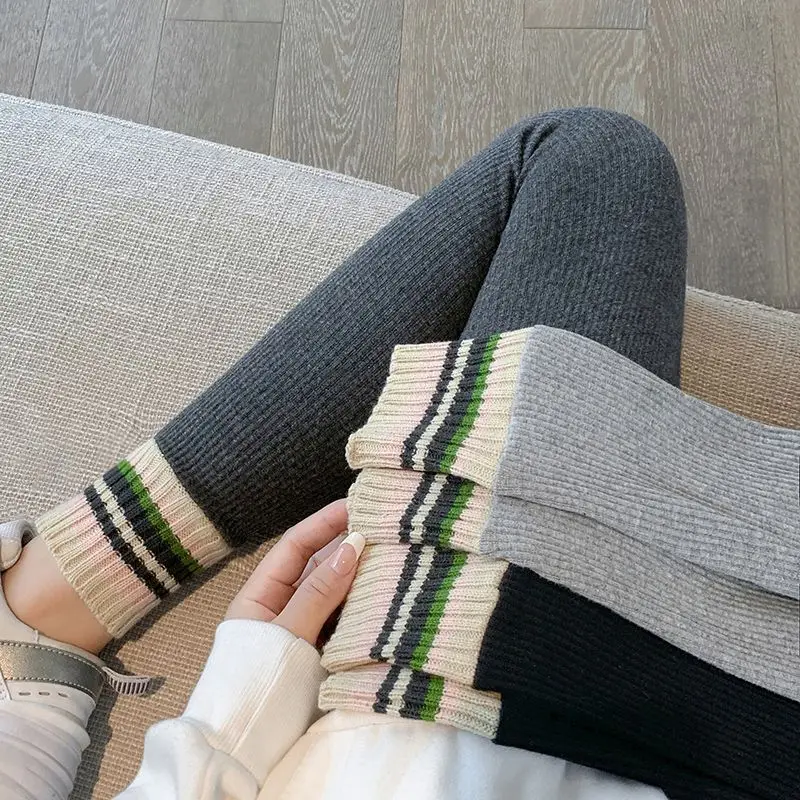 Ribbed Leggings Women High Waist Slim Thermal Wear Leggings Season Wool  Pants for Fall Winter Fashion Striped Warm Pants